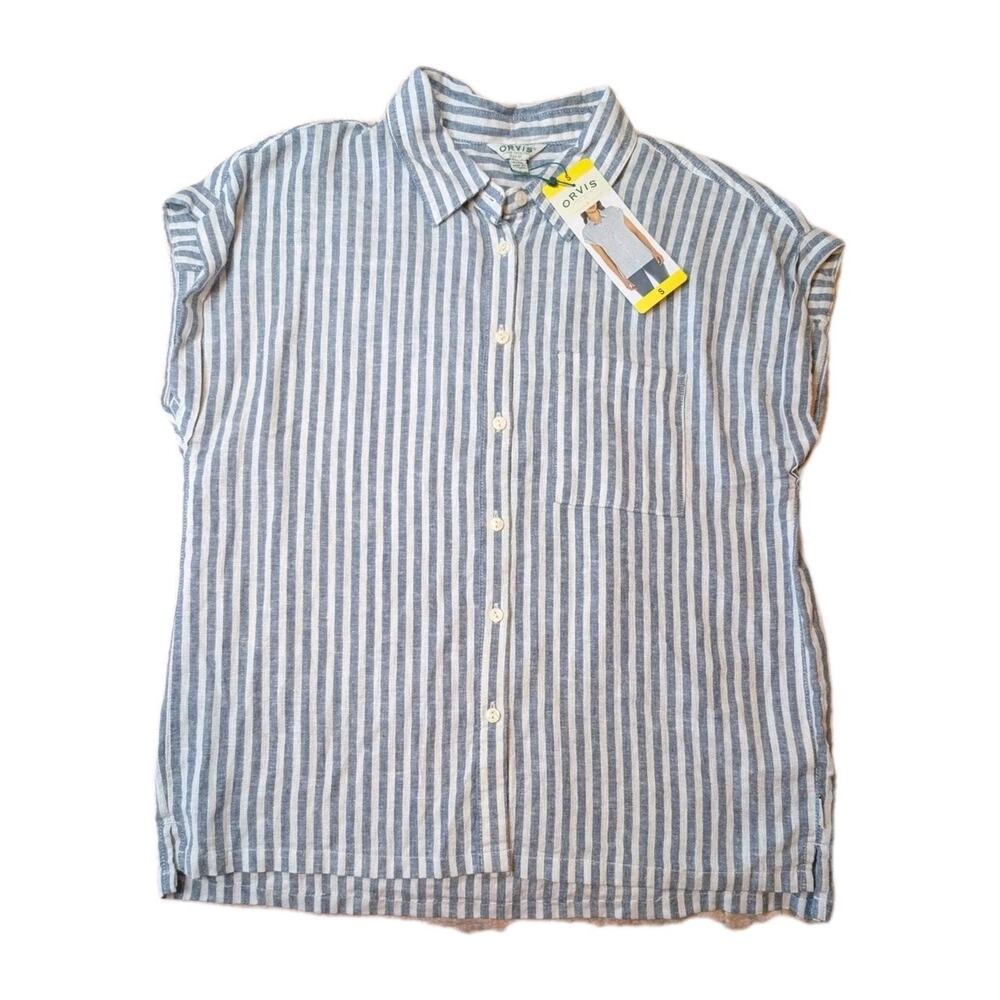 Orvis Linen Blend Blue Stripe Button Down Shirt Short Sleeve Women S NWT